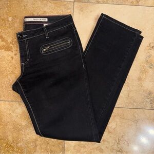 DKNY Straight Leg Mid-Low Rise Black Jeans with White Stitching Embellished 10